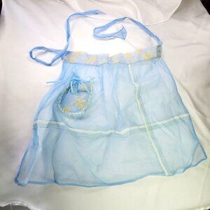 Vintage Sheer Organza Light Blue Half Apron With Floral Embroidery & Lace Trim